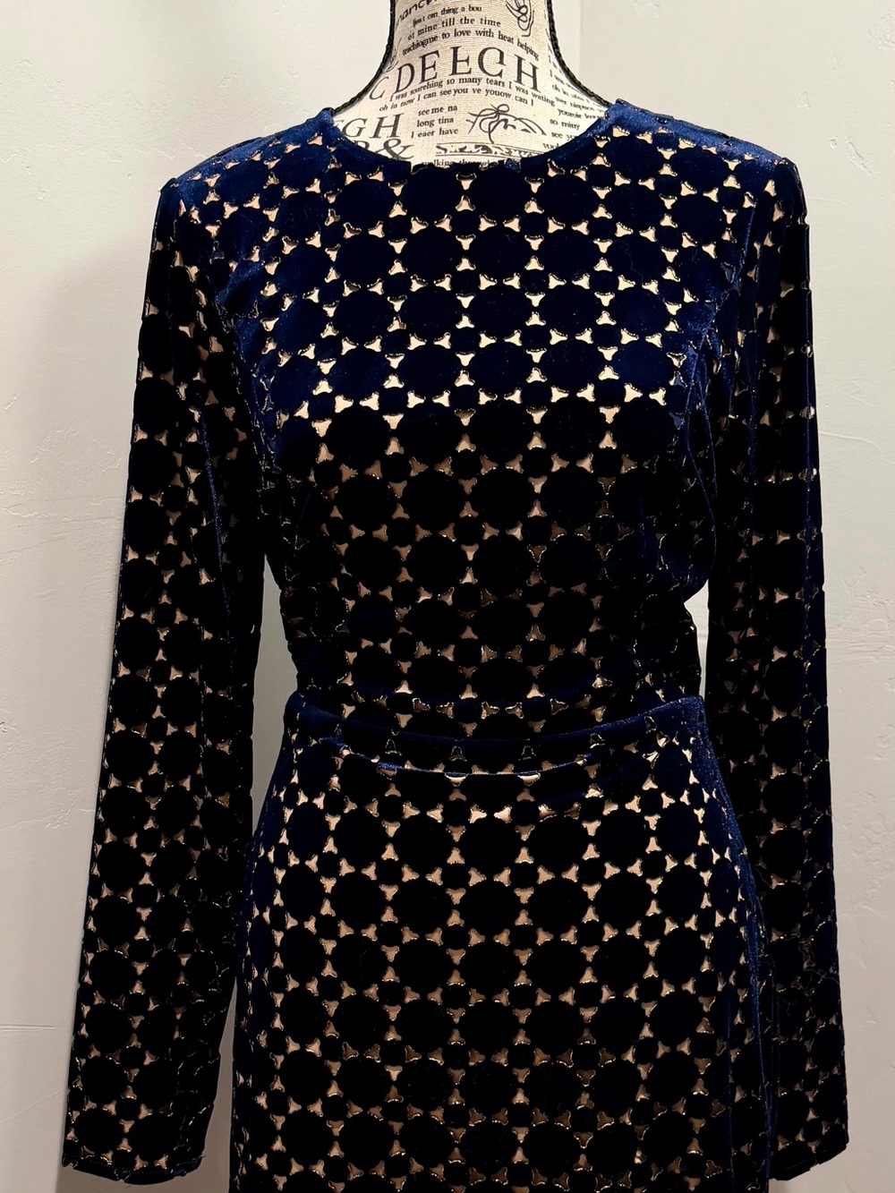 Adelyn Rae Navy Blue Velvet Long-Sleeve Patterned Dress